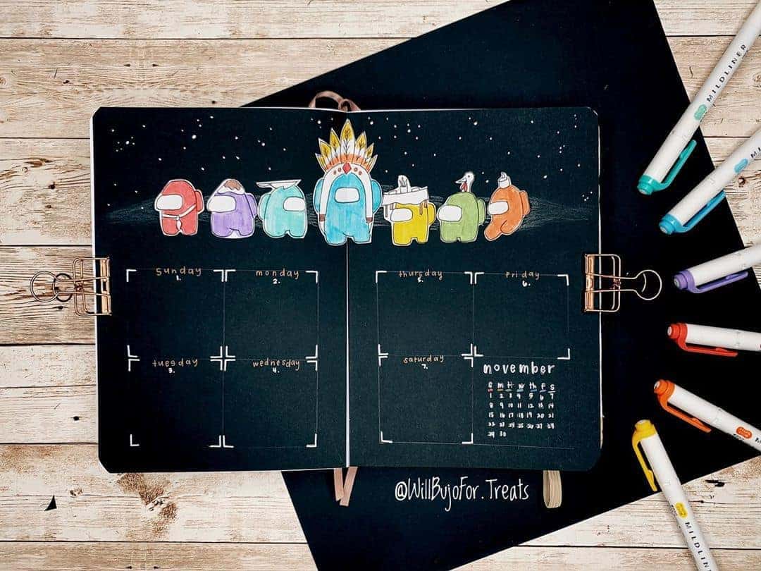 Among Us Themed Bullet Journal Inspirations, weekly spread by @willbujofor.treats | Masha Plans