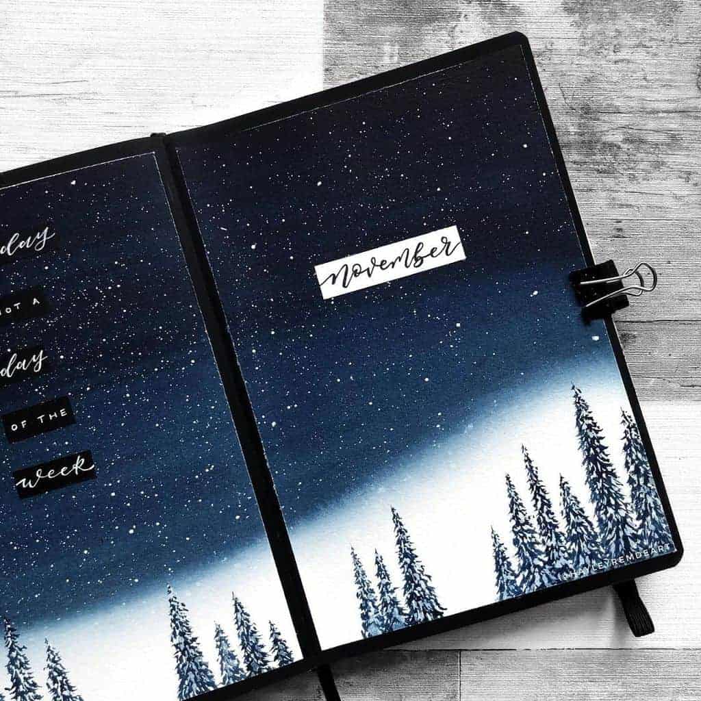 Winter Bullet Journal Theme Ideas, cover page by @hayleyremdeart | Masha Plans