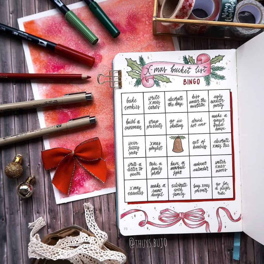 Winter Bullet Journal Page Ideas, christmas bucket list by @thuys.bujo | Masha Plans