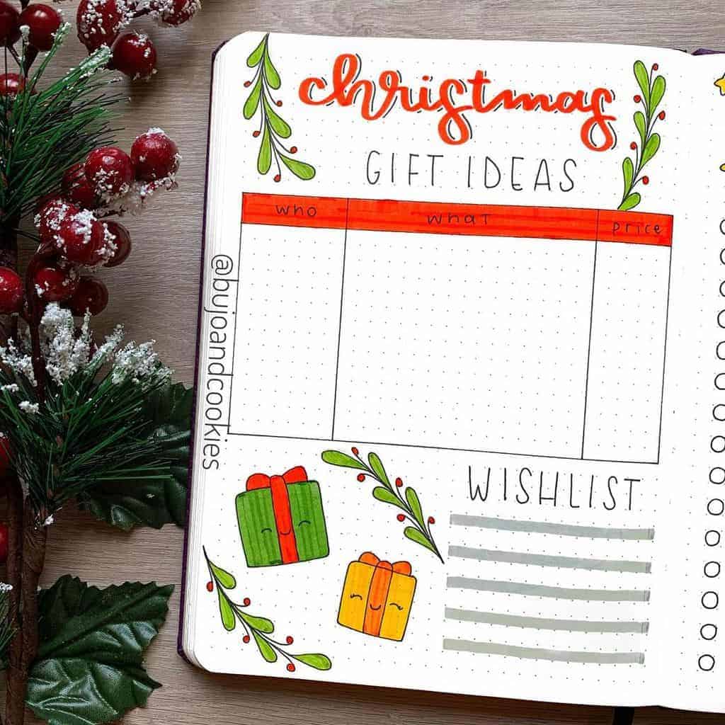 Winter Bullet Journal Page Ideas, christmas gift list by @ bujoandcookies | Masha Plans