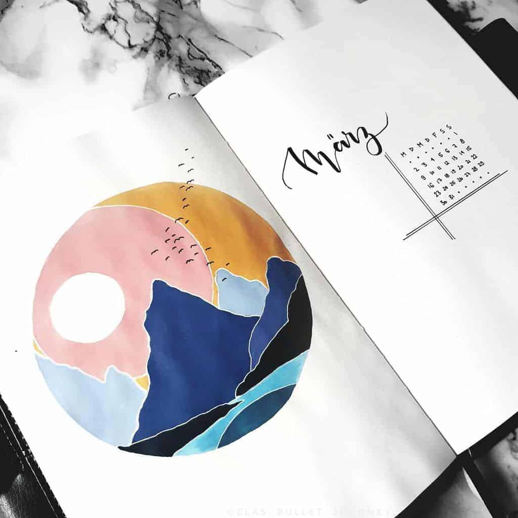 March Bullet Journal Theme Ideas, cover page by @elas_bullet_journey | Masha Plans