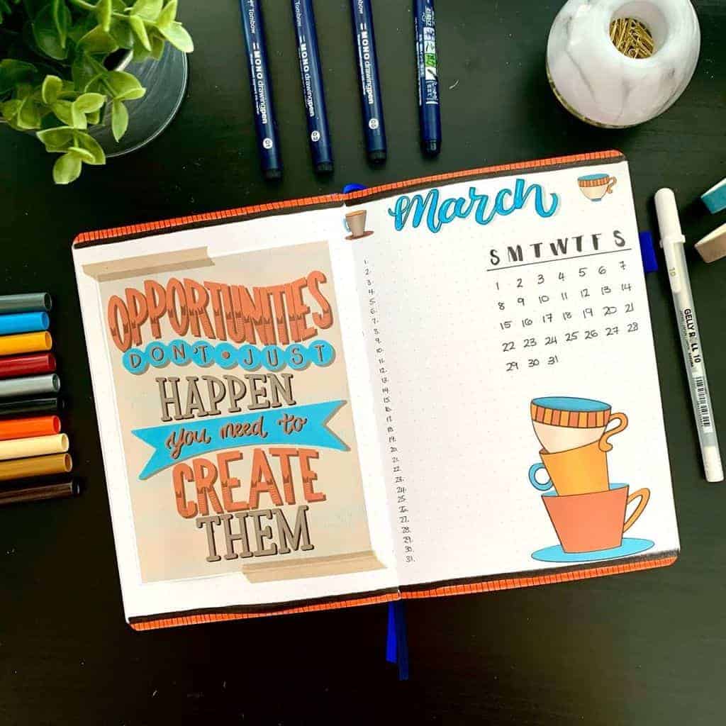 March Bullet Journal Theme Ideas, cover page by @natashamillerletters | Masha Plans
