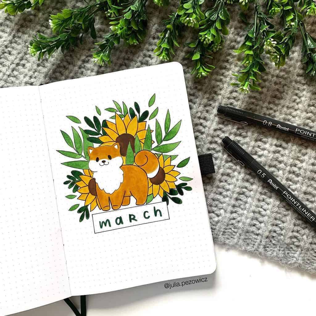 March Bullet Journal Theme Ideas, cover page by @julia.pezowicz | Masha Plans