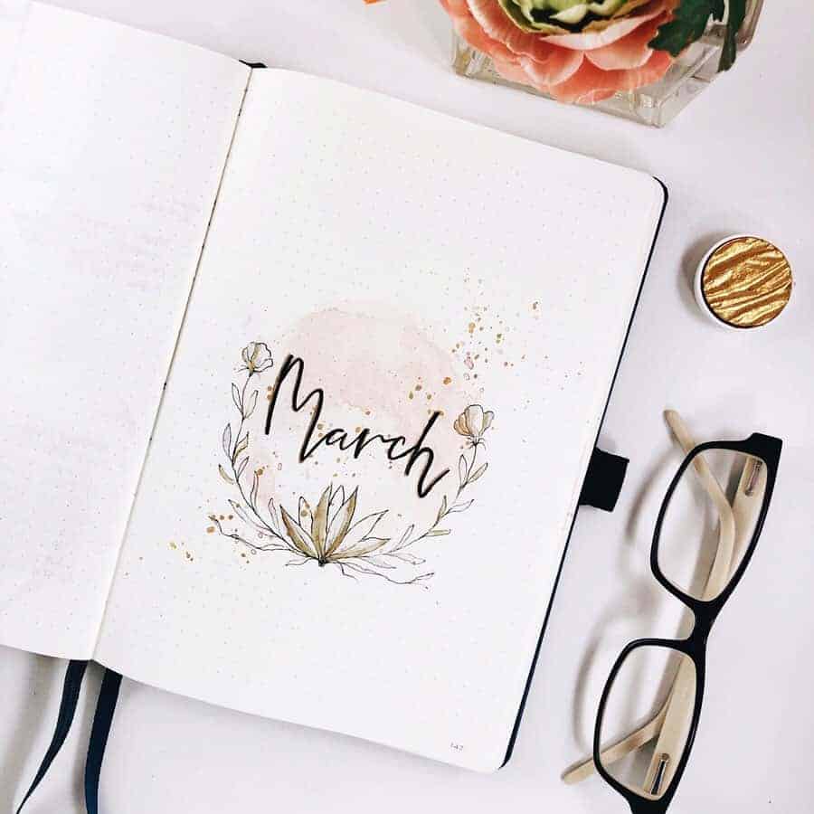 March Bullet Journal Theme Ideas, cover page by @ _coffeeandsarcasm_ | Masha Plans