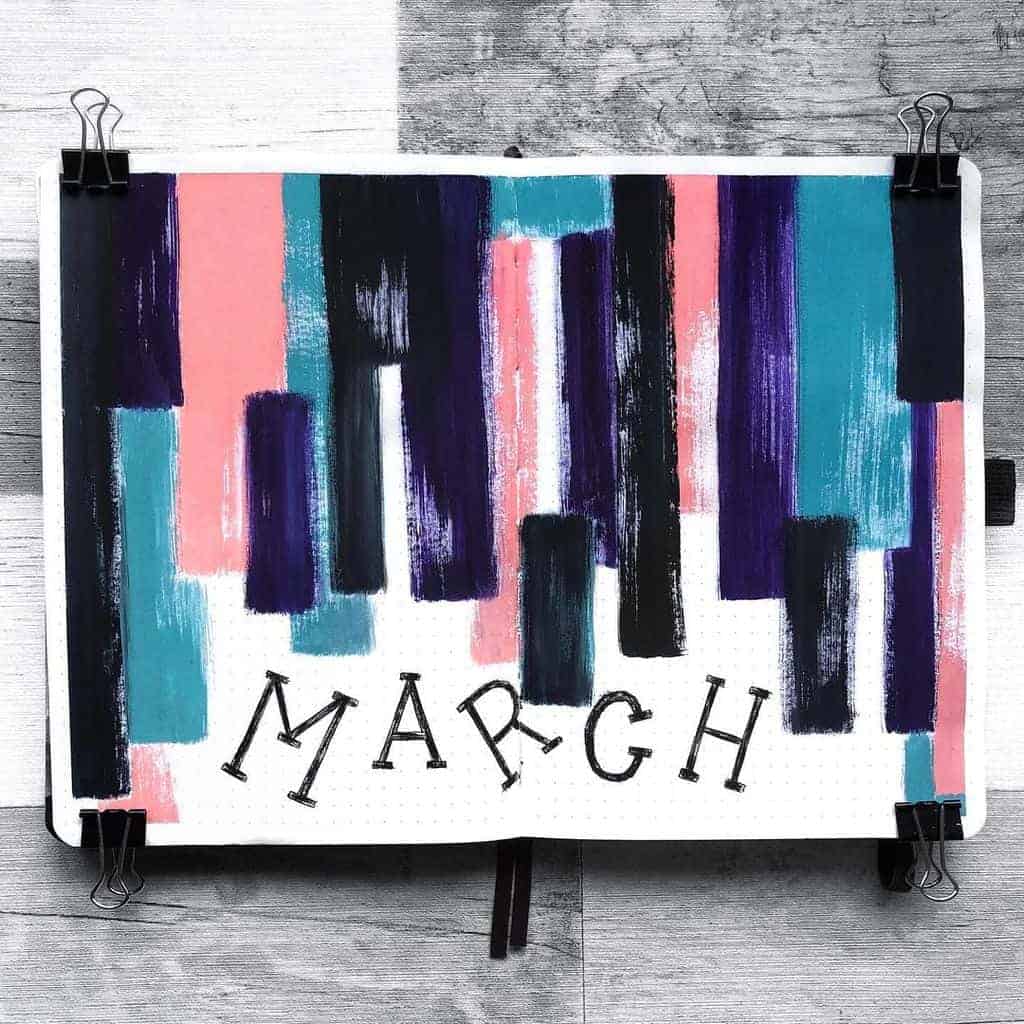 March Bullet Journal Theme Ideas, cover page by @hayleyremdeart | Masha Plans