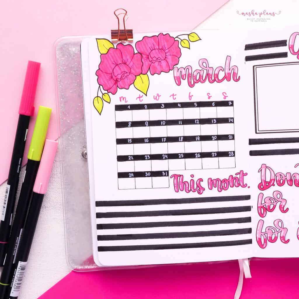 March Bullet Journal Setup, monthly log | Masha Plans