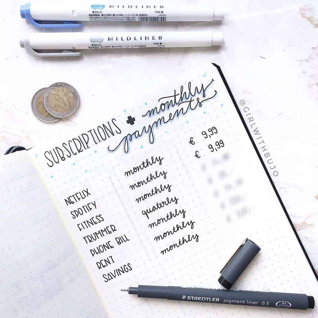 Bullet Journal Subscription Tracker by @thejournaltea | Masha Plans