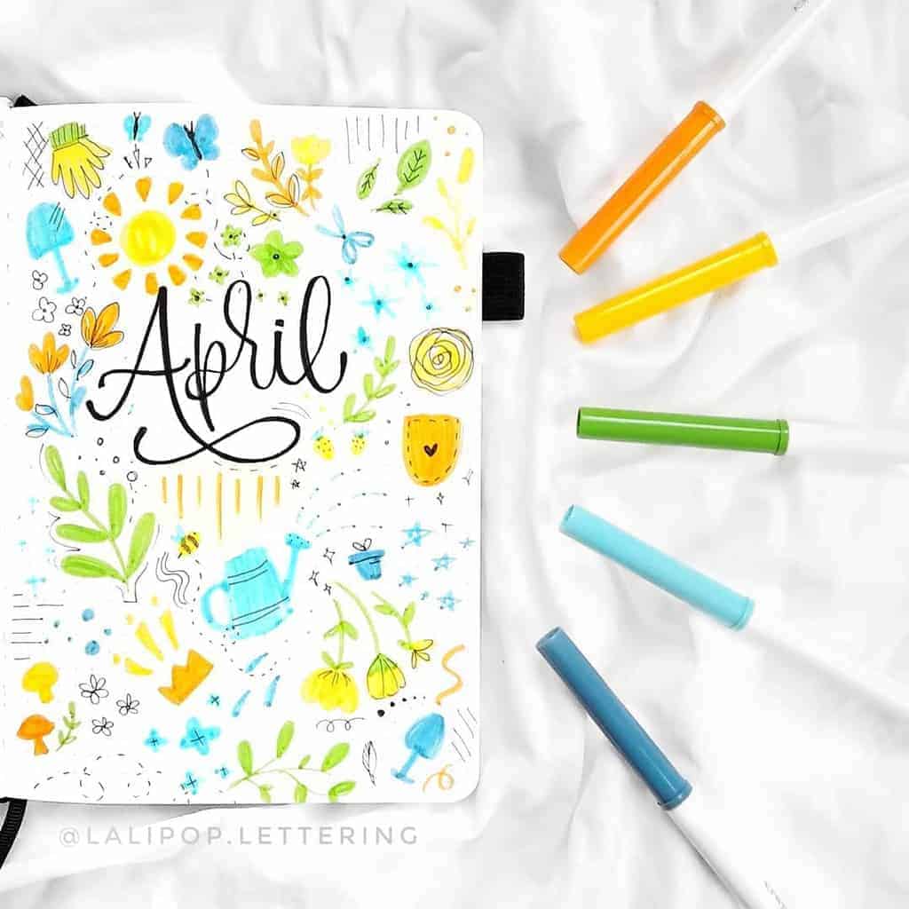 April Bullet Journal Theme Ideas, cover page by @lalipop.lettering | Masha Plans