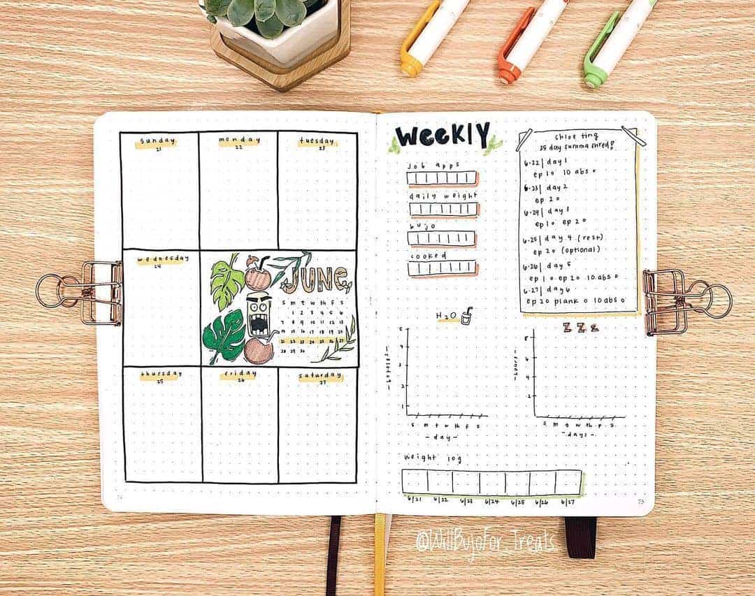 Fantastic Summer Bullet Journal Page Ideas, weekly spread by @willbujofor.treats | Masha Plans