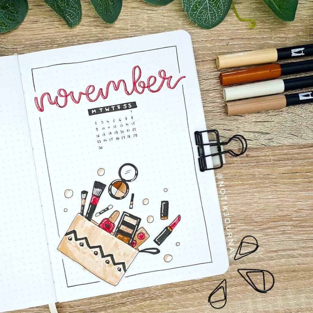 Makeup Bullet Journal Theme Inspirations, cover page by @notikjournal | Masha Plans