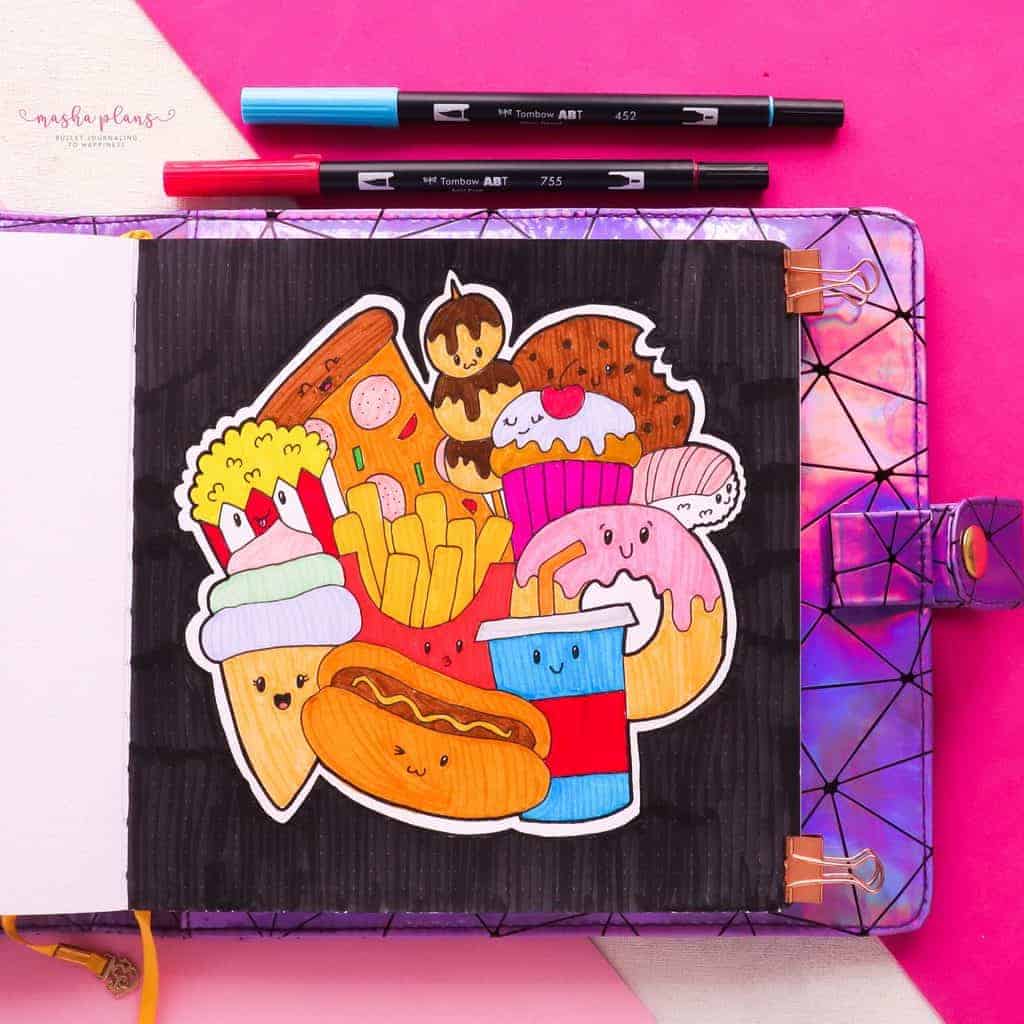 How To: Creating A Coloring Page With Kawaii Food Doodles (in color) | Masha Plans