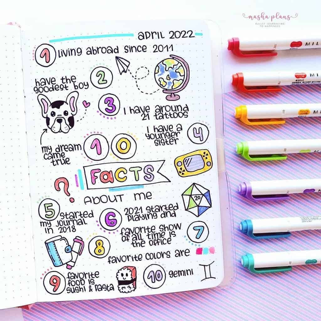 10 Facts About Me spread in my Bullet Journal - Masha Plans