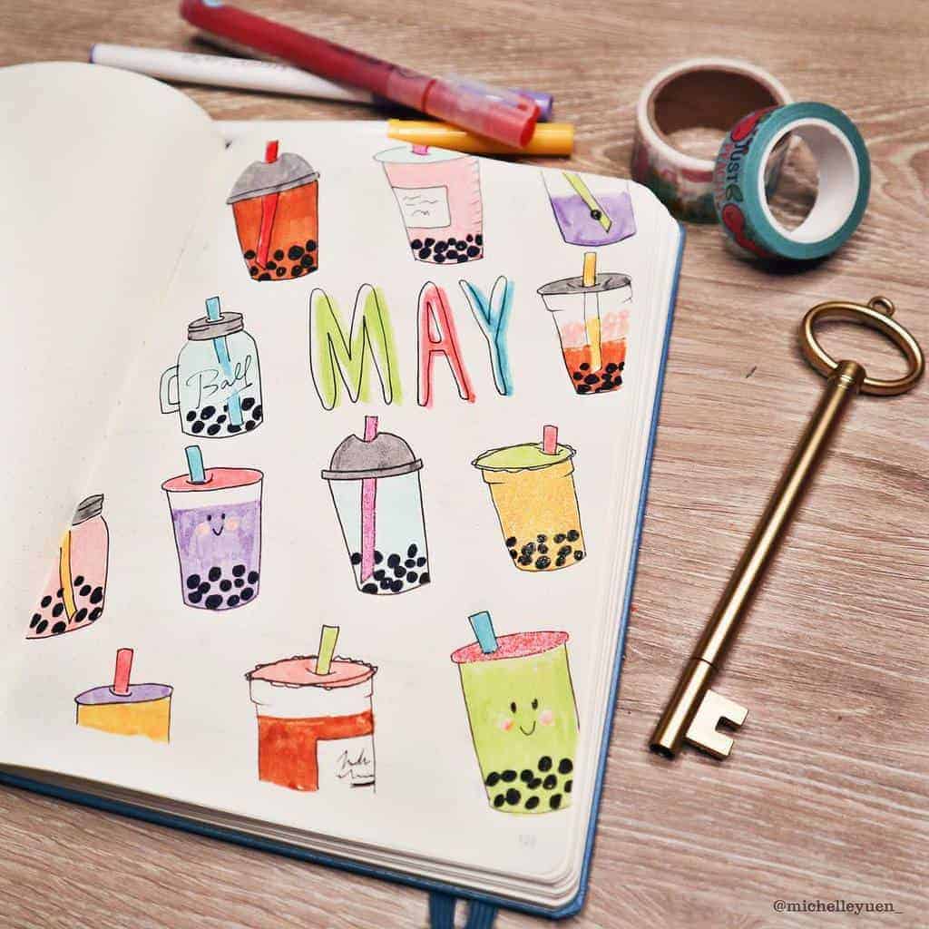 Boba Tea Themed Bullet Journal Cover Page by @michelleyuen_ | Masha Plans