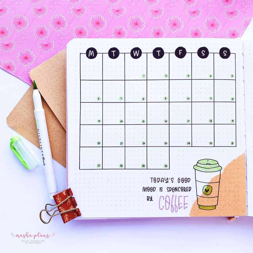 Coffee Bullet Journal Setup, monthly log | Masha Plans