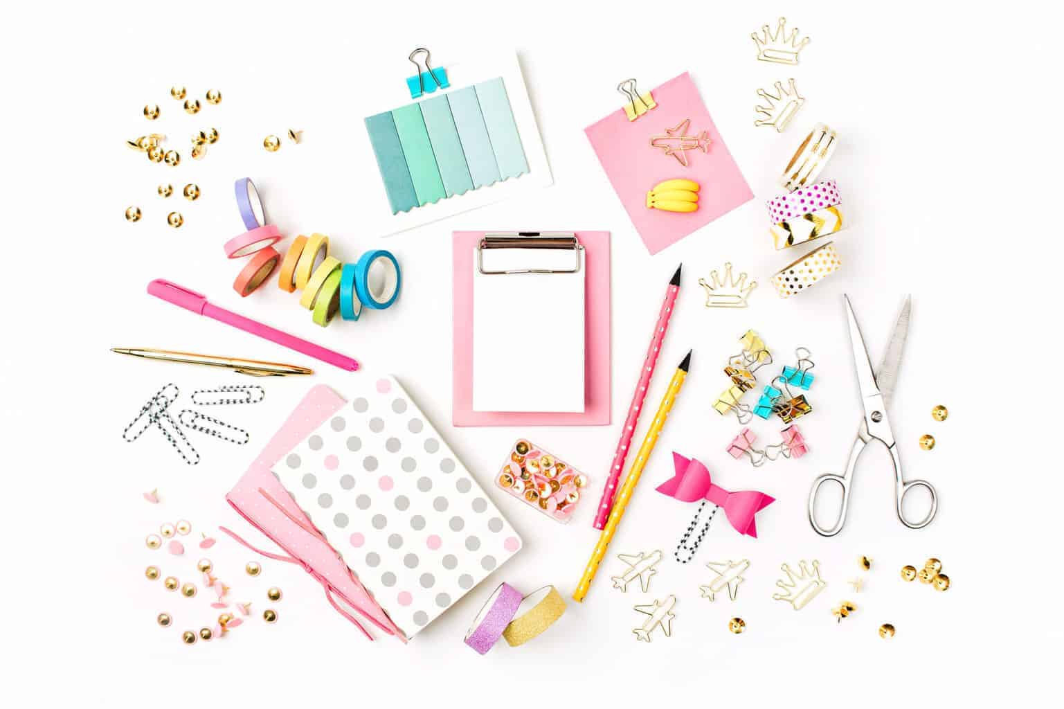 School supplies. Flat lay, top view trendy back to school concept.