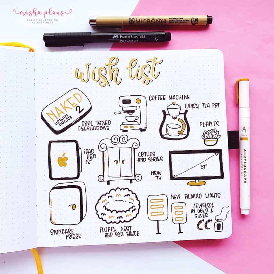Wish list element for bullet journal. Page template with hearts
