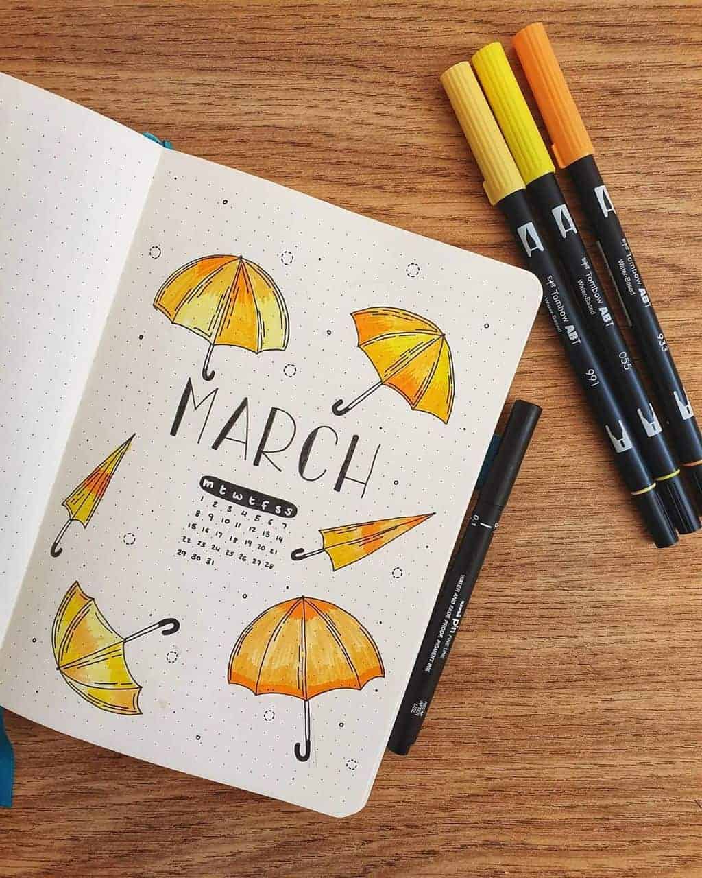 Umbrella Bullet Journal Theme Inspirations - spread by @whale.and.stars | Masha Plans