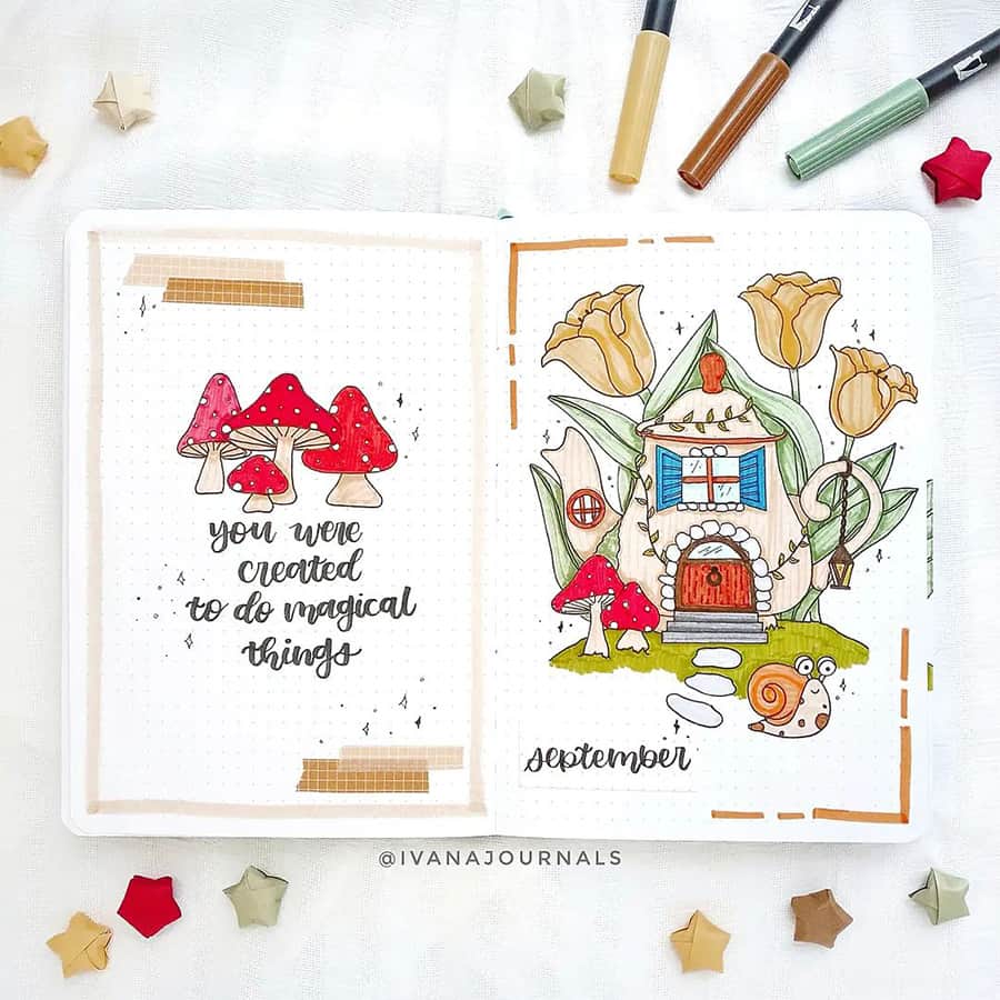 Mushroom Bullet Journal Cover Page by @ivanajournals | Masha Plans 