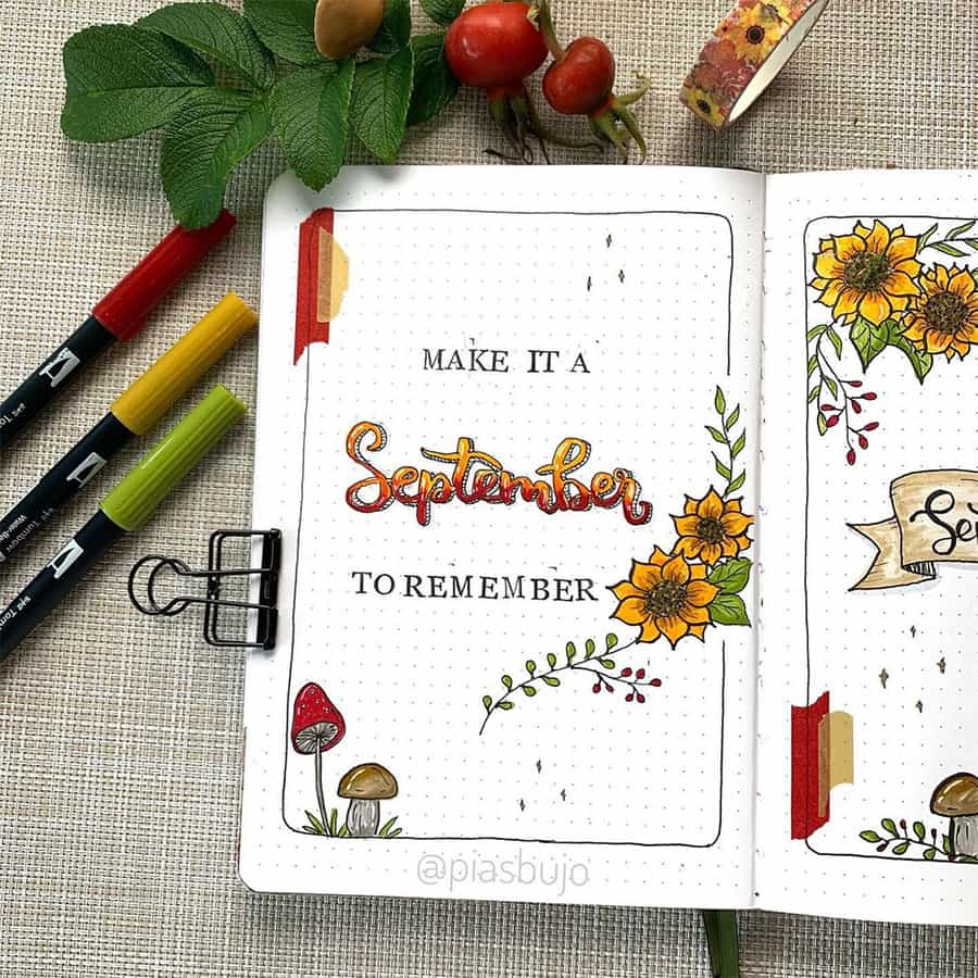 Sunflower Fall Bullet Journal Cover Page by @piasbujo | Masha Plans