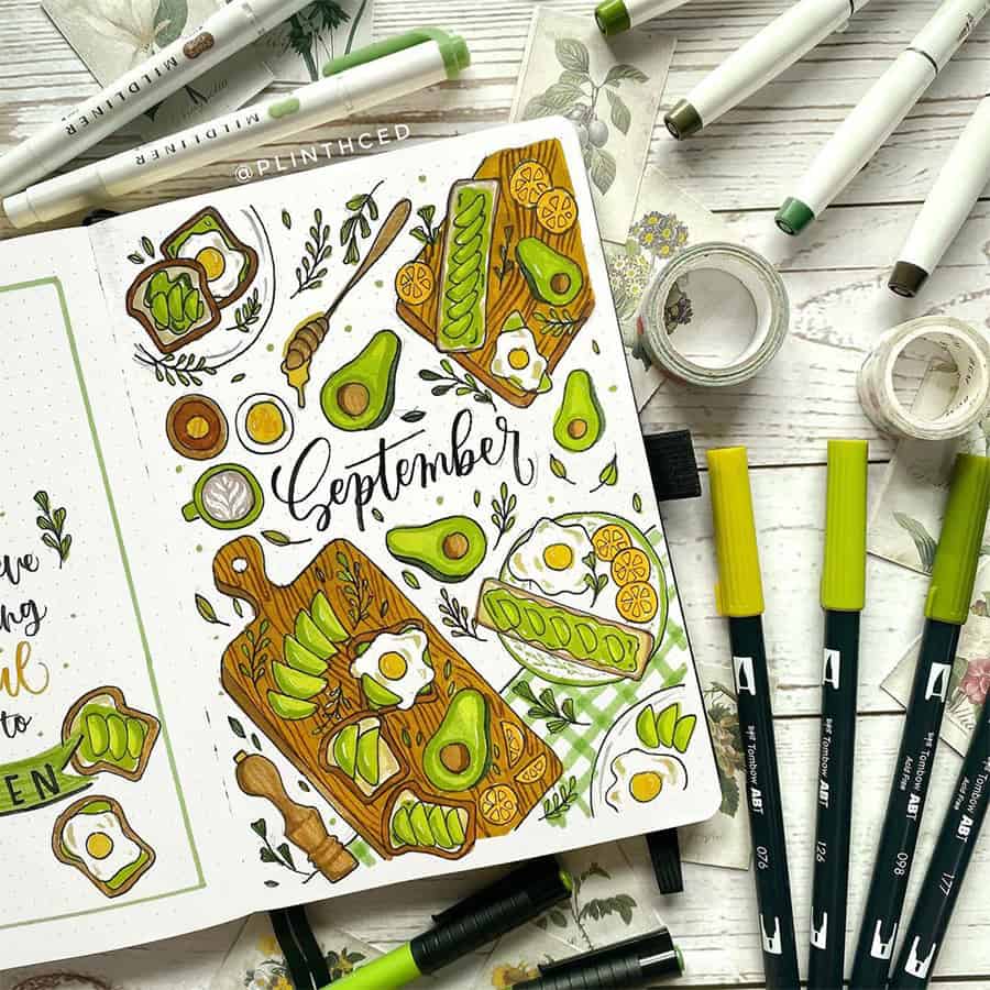 Avocado Bullet Journal Cover Page by @plinthced | Masha Plans